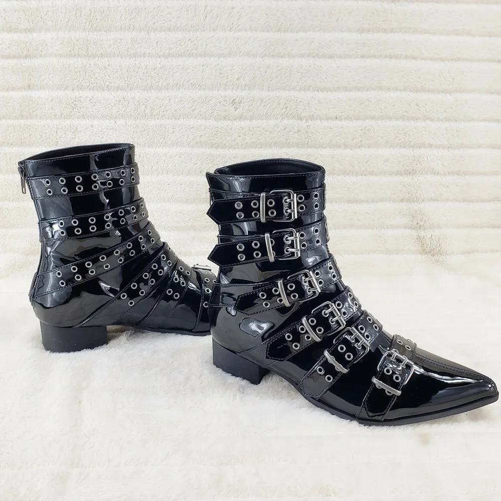 NIB DEMONIA Wicked Warlock 70 Multi Strap Winklepicker Ankle Boots Men's Patent
